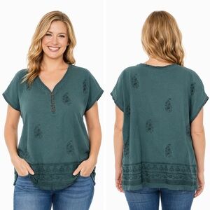 Chic Teal Button Neckline Women's Blouse